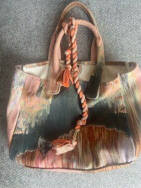 Canvas Tote Bag in Pink and Coral with Braided Tassel Vine Camuto